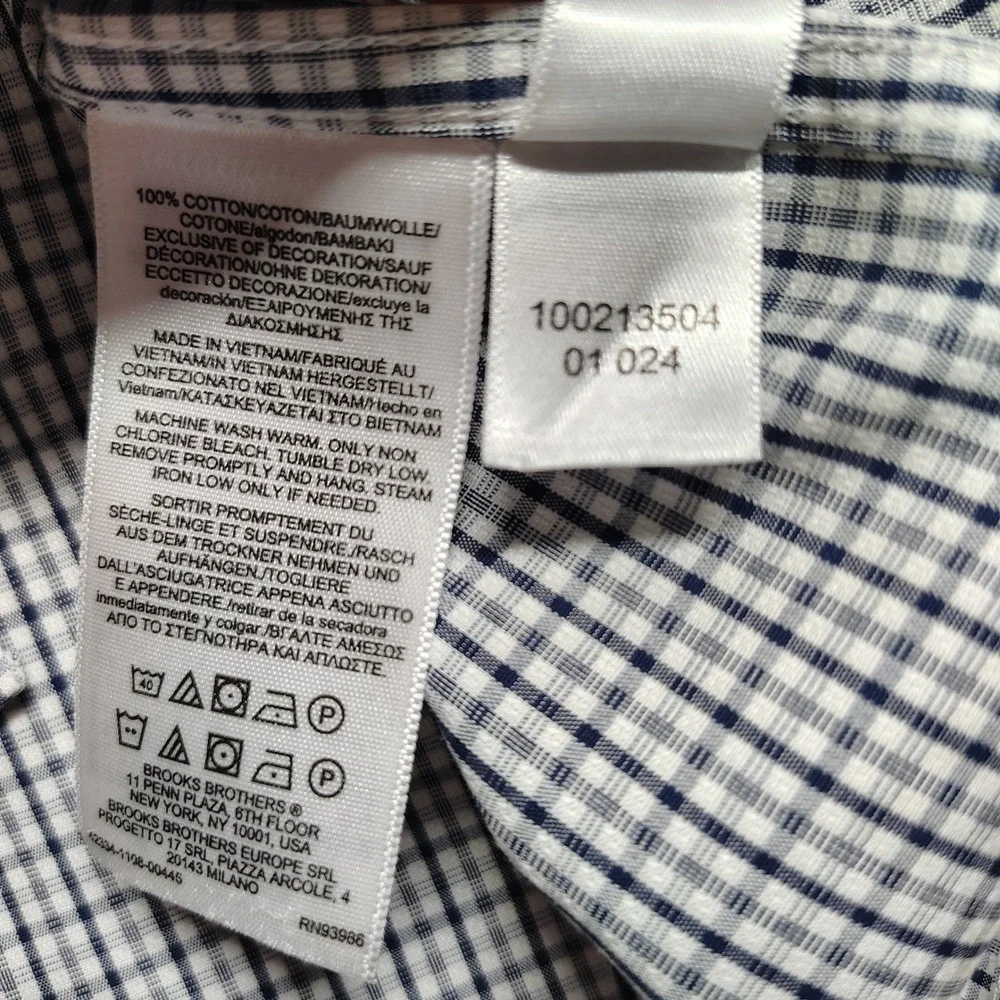 Brooks Brothers 1818 Mens 17.5 32/33 Regular Fit Non-Iron Check Dress Shirt Navy